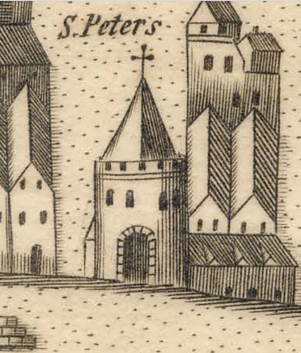 St Peter's Church on North Main Street in Map of Cork, late sixteenth century as depicted in  George Carew’s Pacata Hibernia, c.1600 (source: Cork City Library)  
