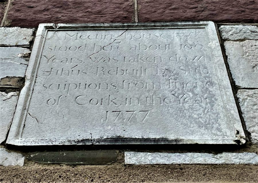 Old stone plaque from 1777 Quaker meeting house on current site, now offices of the HSE, Grattan Street, Cork (picture: Kieran McCarthy)