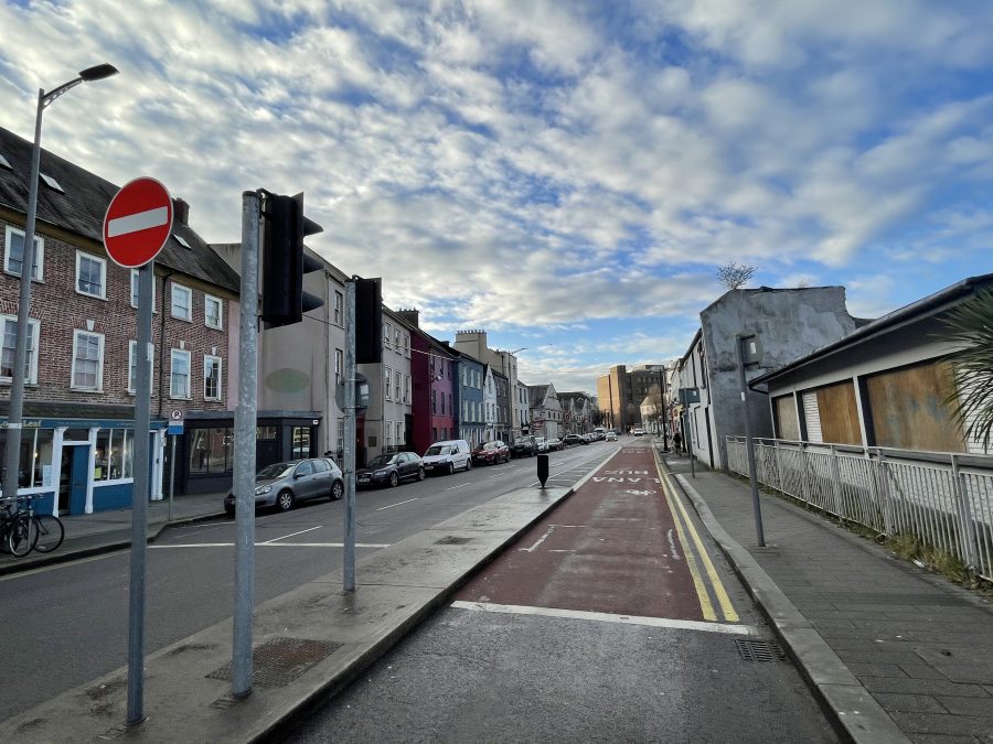 Looking eastwards, Fenn's Quay on the left and the sweep of Sheares Street, formerly a former canal and then called Nile Street, present day (picture: Kieran McCarthy)