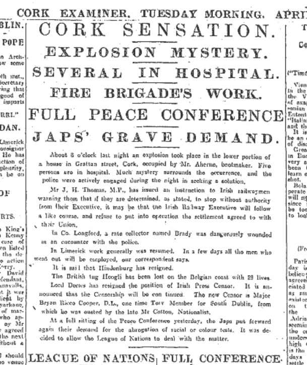 Newspaper heading on Grattan Street bomb explosion, Cork Examiner, 29 April 1919 
