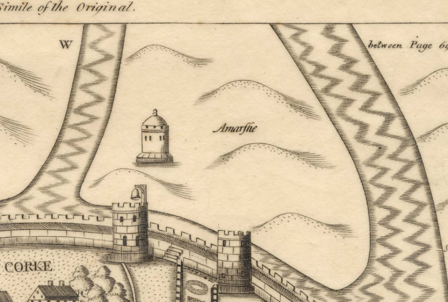 George Carew Map of Cork 1601 with a watch tower on the western marshes, 1601 (source: Cork City Library)