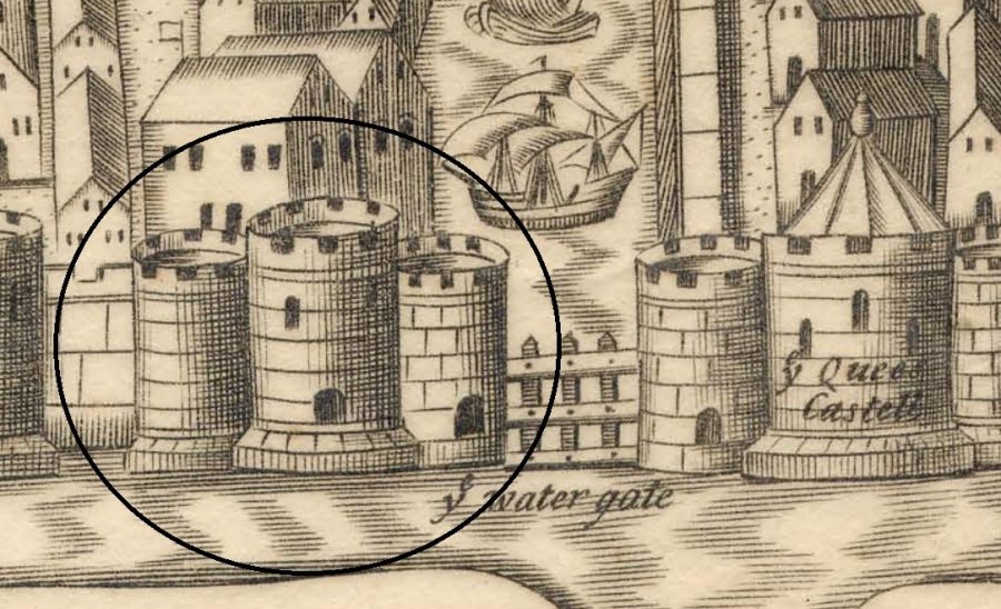 Sketch of Watergate and King's Castle (circled), centre right, from George Carew's Map of Cork c.1600 (source: Cork City Library) 
